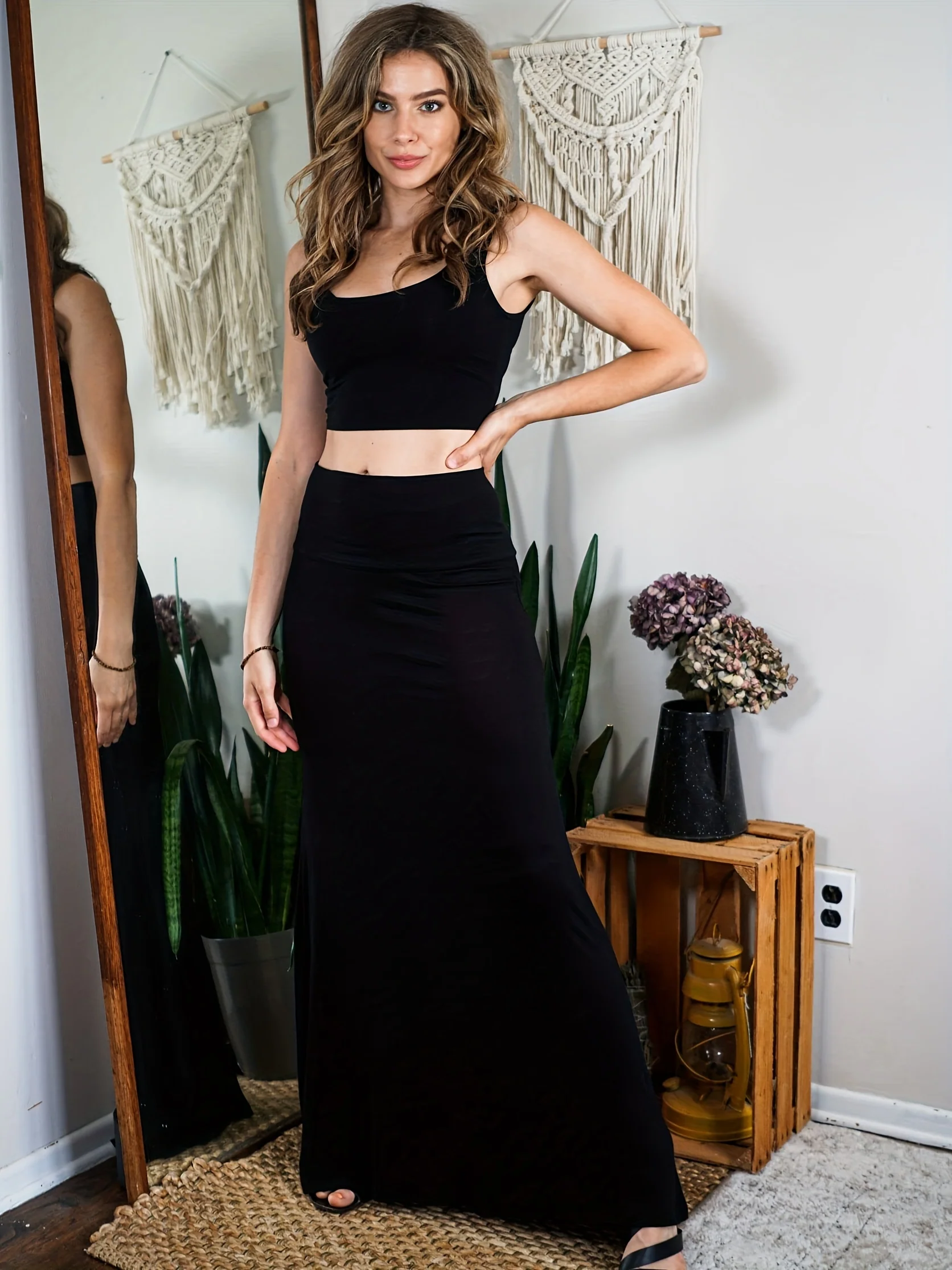 deanwangkt Solid High Waist Skirt 2 Pack, Elegant Slim Maxi Length Skirt, Women's Clothing - Deanwangkt