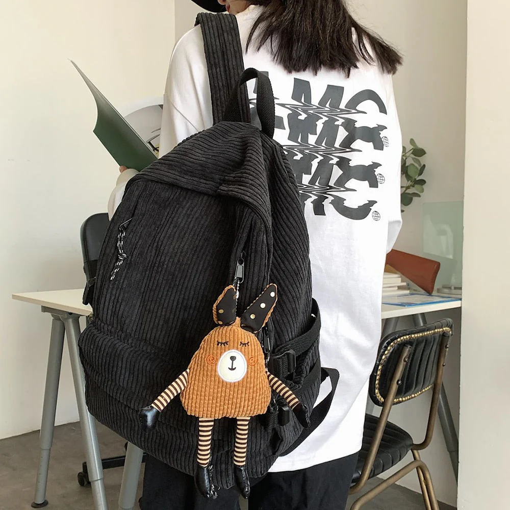 deanwangkt Women Corduroy Backpack Khaki SchoolBag Cute Teenage Girls Harajuku Female Bag Student Kawaii Lady Book Pack New Fashion Mochila - Deanwangkt