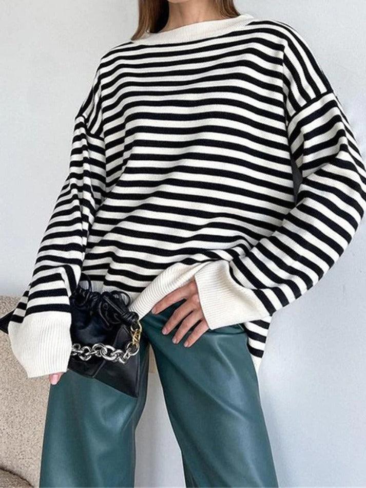 deanwangkt - Stripe Drop Shoulder Slit Loose Sweater - Deanwangkt