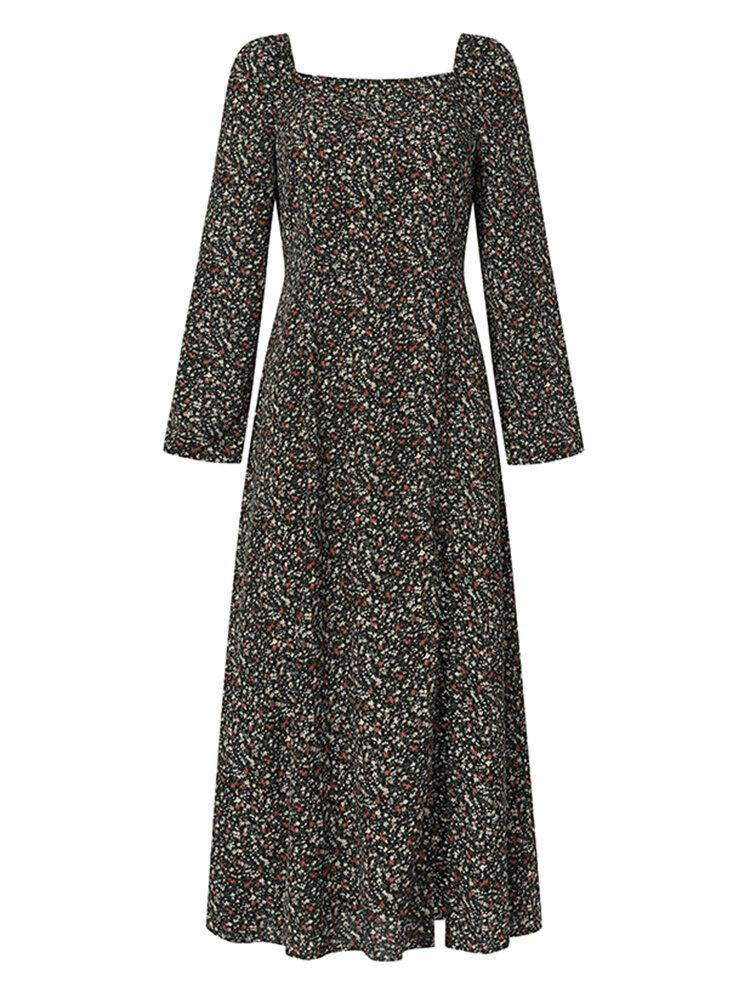deanwangkt Women Square Neck High Split Floral Print Long Sleeve Casual Slim Fit Midi Dress - Deanwangkt