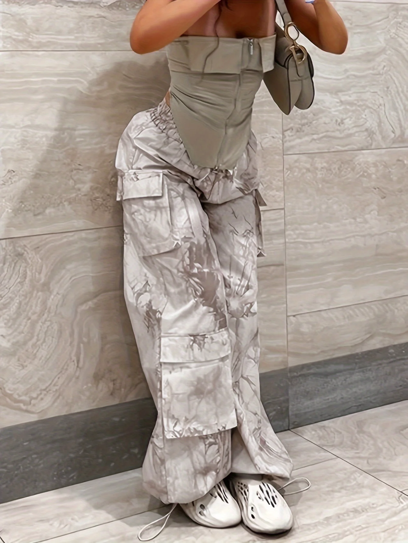 deanwangkt  Camo Print Flap Pockets Wide Leg Pants, Casual Loose Drawstring Long Length Pants For Every Day, Women's Clothing - Deanwangkt