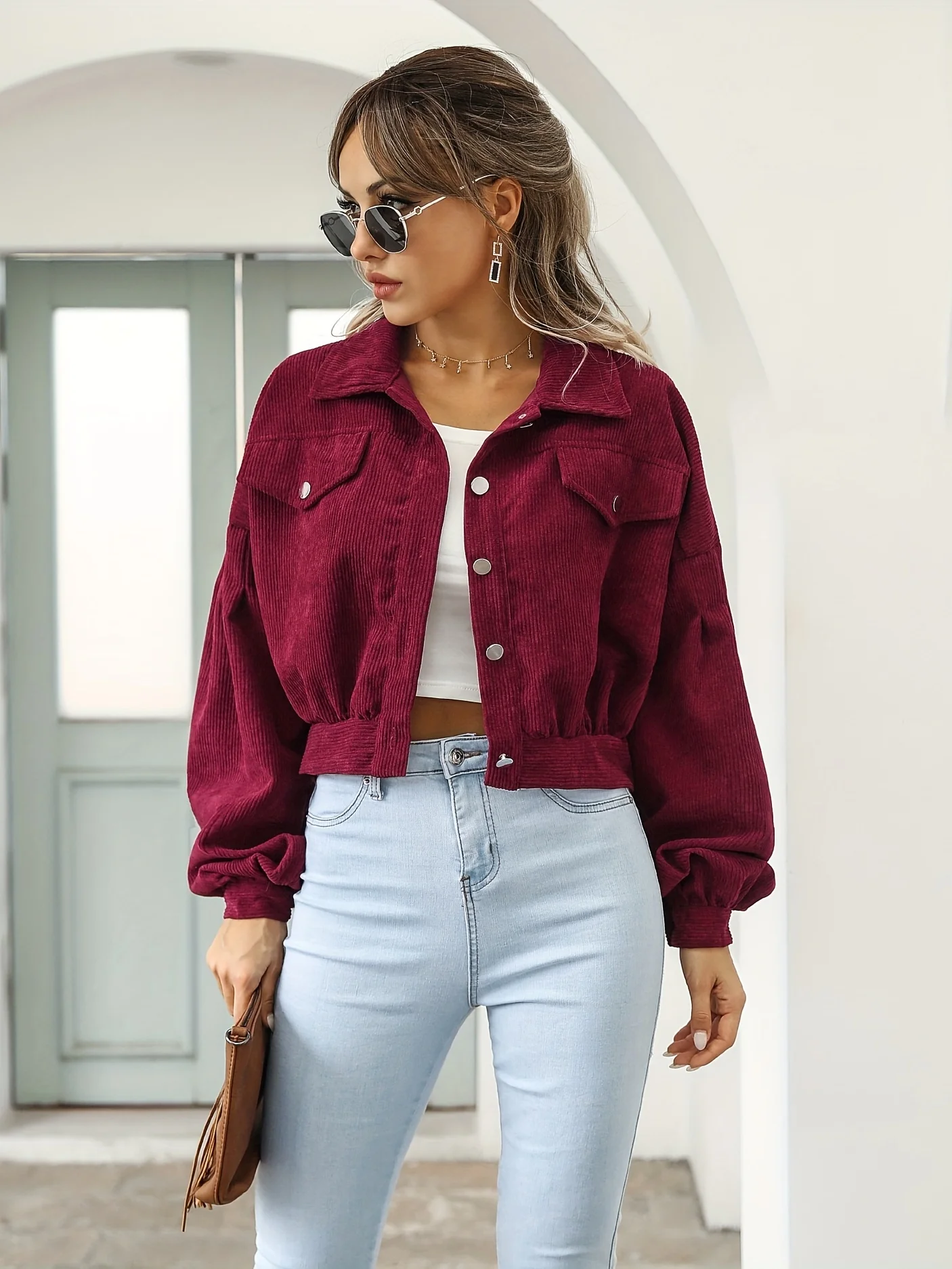 Casual Corduroy Crop Jacket, Lapel Lantern Long Sleeve Fashion Loose Crop Outerwear, Women's Clothing - Deanwangkt