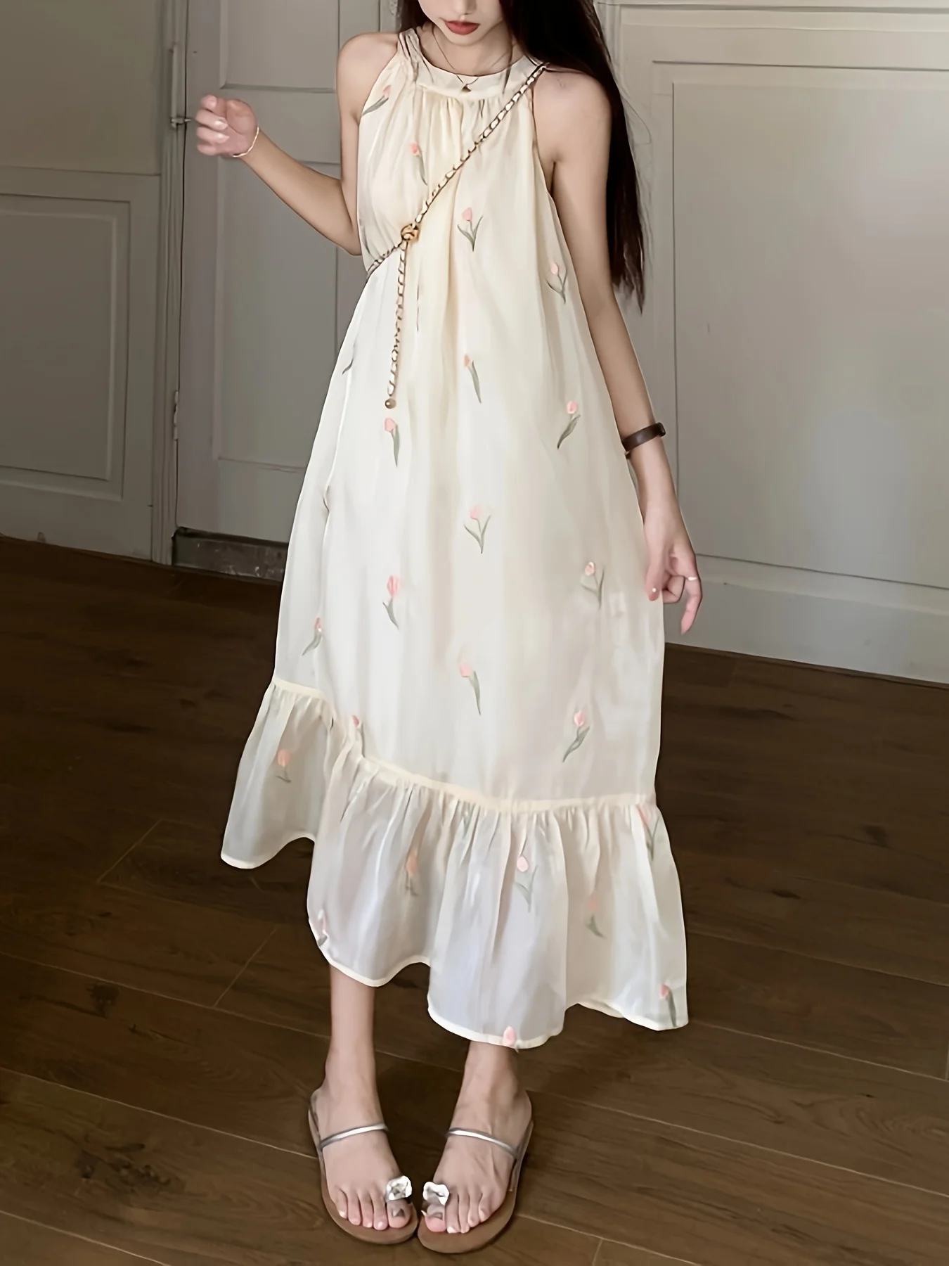 deanwangkt  Floral Pattern Halter Neck Dress, Elegant Sleeveless Ruffle Hem Dress For Spring & Summer, Women's Clothing - Deanwangkt