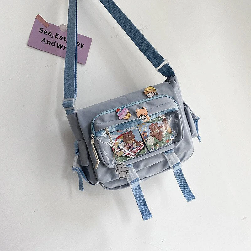 deanwangkt  Korean Student Preppy Style Messenger Bag Large-capacity Shoulder Bag Women Nylon Bag Transparent Pocket Crossbody Bag Satchels - Deanwangkt