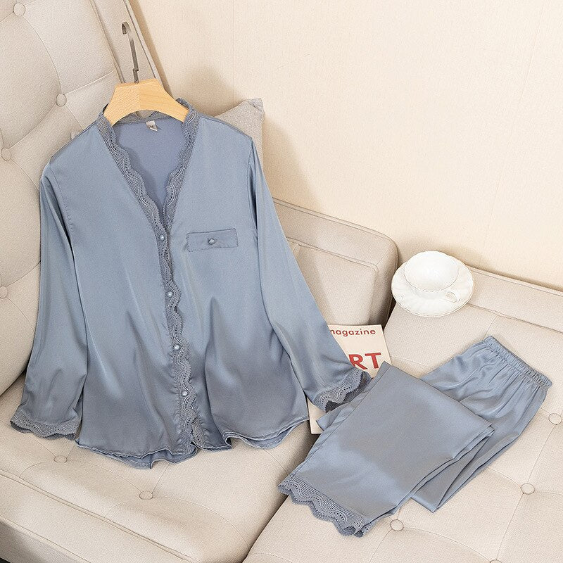 deanwangkt Casual Pajamas Set Satin Sexy Women 2 Piece Sleepwear Silky Pyjamas Loungewear Solid Nightwear Spring New Bathrobe Shirt&Pants - Deanwangkt