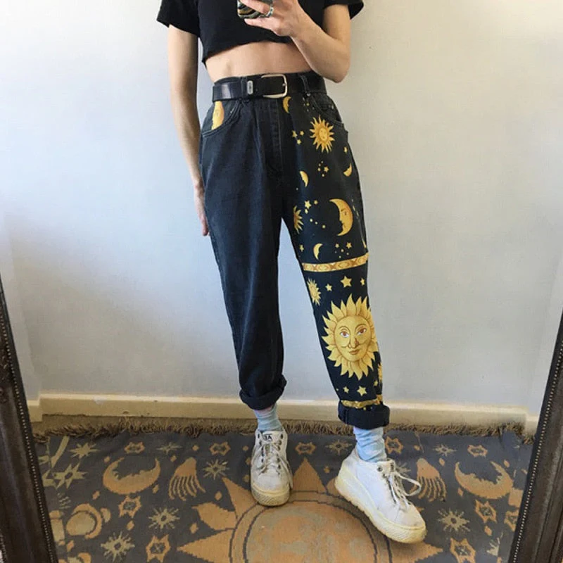 deanwangkt Digital Moon Star Printed Straight Pants Trendy Pants Jeans Fashion Printed Ladies High Waist Young Girls Chic Denim Pants - Deanwangkt