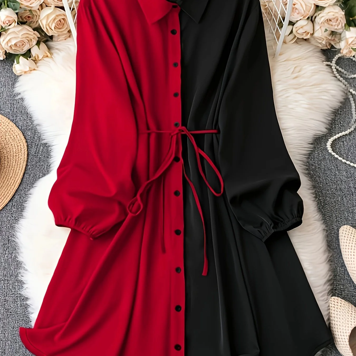 Plus Size Casual Blouse, Women's Plus Colorblock Long Sleeve Button Up Lapel Collar Shirt Longline Top With Belt - Deanwangkt