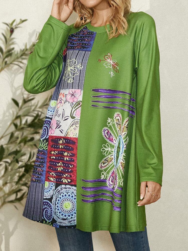 deanwangkt Women Ethnic Style Floral Colorblock Pattern O-Neck Long Sleeve Blouse - Deanwangkt