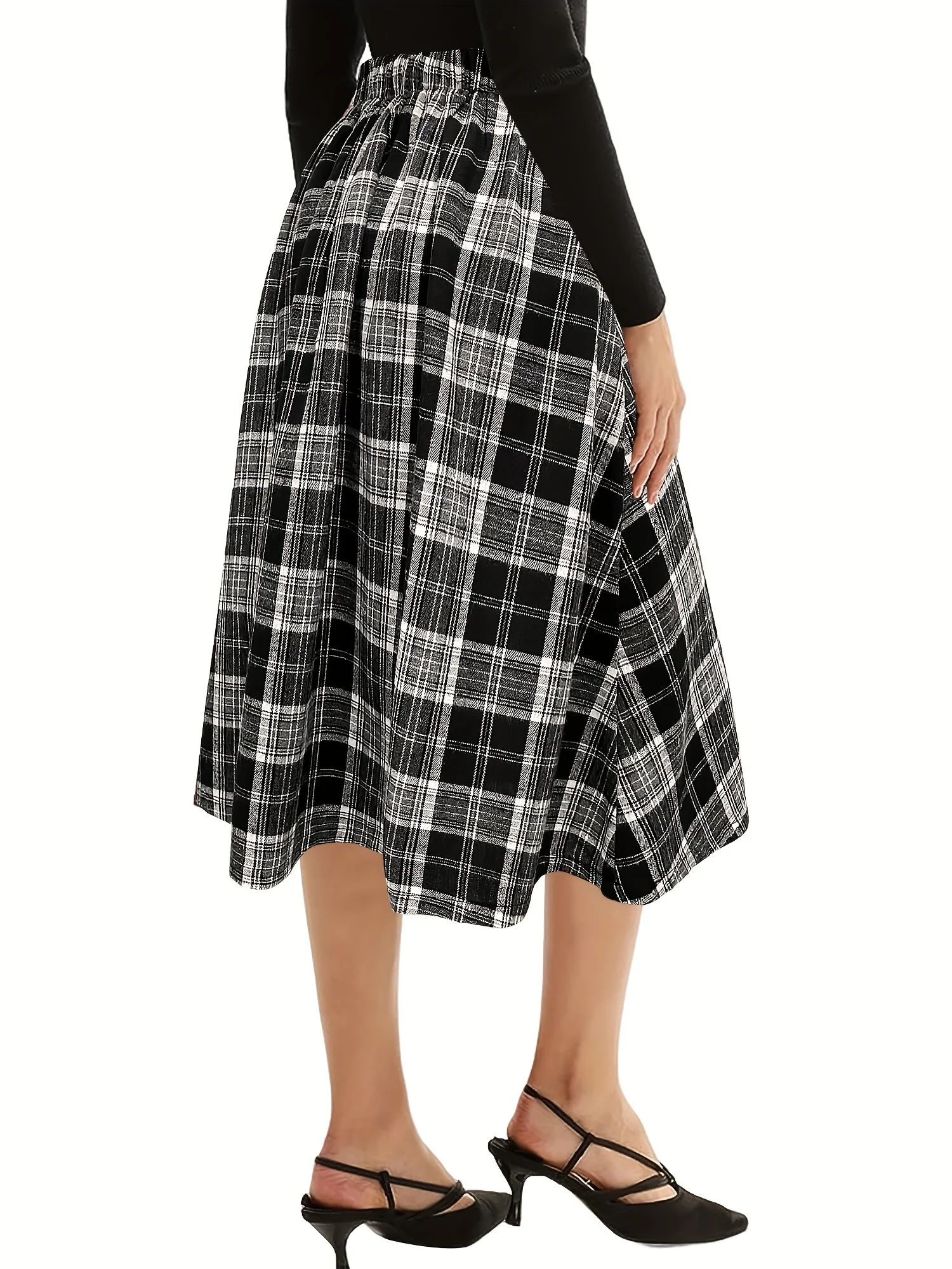 deanwangkt-1 Plaid Print High Waist Button Skirt, Elegant A Line Flare Midi Skirt, Women's Clothing - Deanwangkt