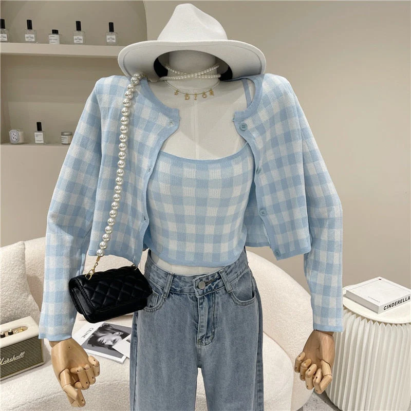 deanwangkt Vintage Sweet Plaid Kintted 2 Piece Sets Women Spring Autumn Single Breasted Long Sleeve Sweater Coat+Elastic Slim Sexy Crop Top - Deanwangkt