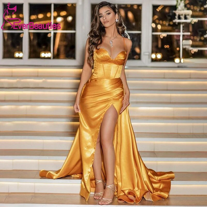 Gold Sweetheart Prom Dresses Satin Long Evening Gown  Sexy High Split Dubai Formal Gowns Abendkleider вечерние платья - Deanwangkt