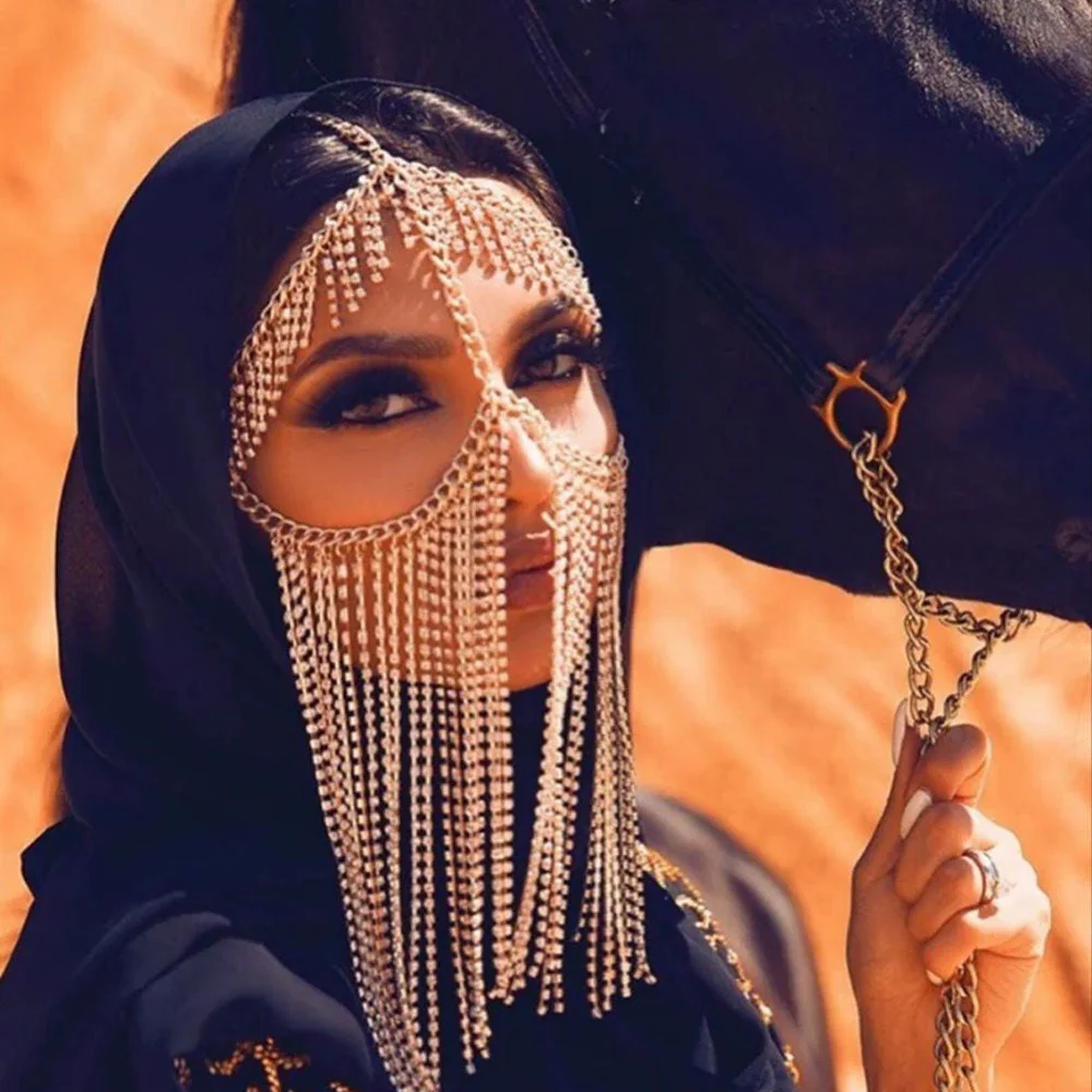 deanwangkt  Indian Jewelry Full Rhinestone Tassel Mask Chain Decoration Face For Women Bridal Veils Wedding Crystal Beaded Christmas Party - Deanwangkt