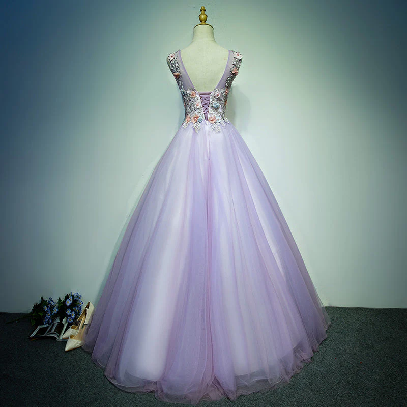 Solvbao Light Purple Tulle Long Sweet 16 Formal Dress with Lace, Purple Prom Dress - Deanwangkt
