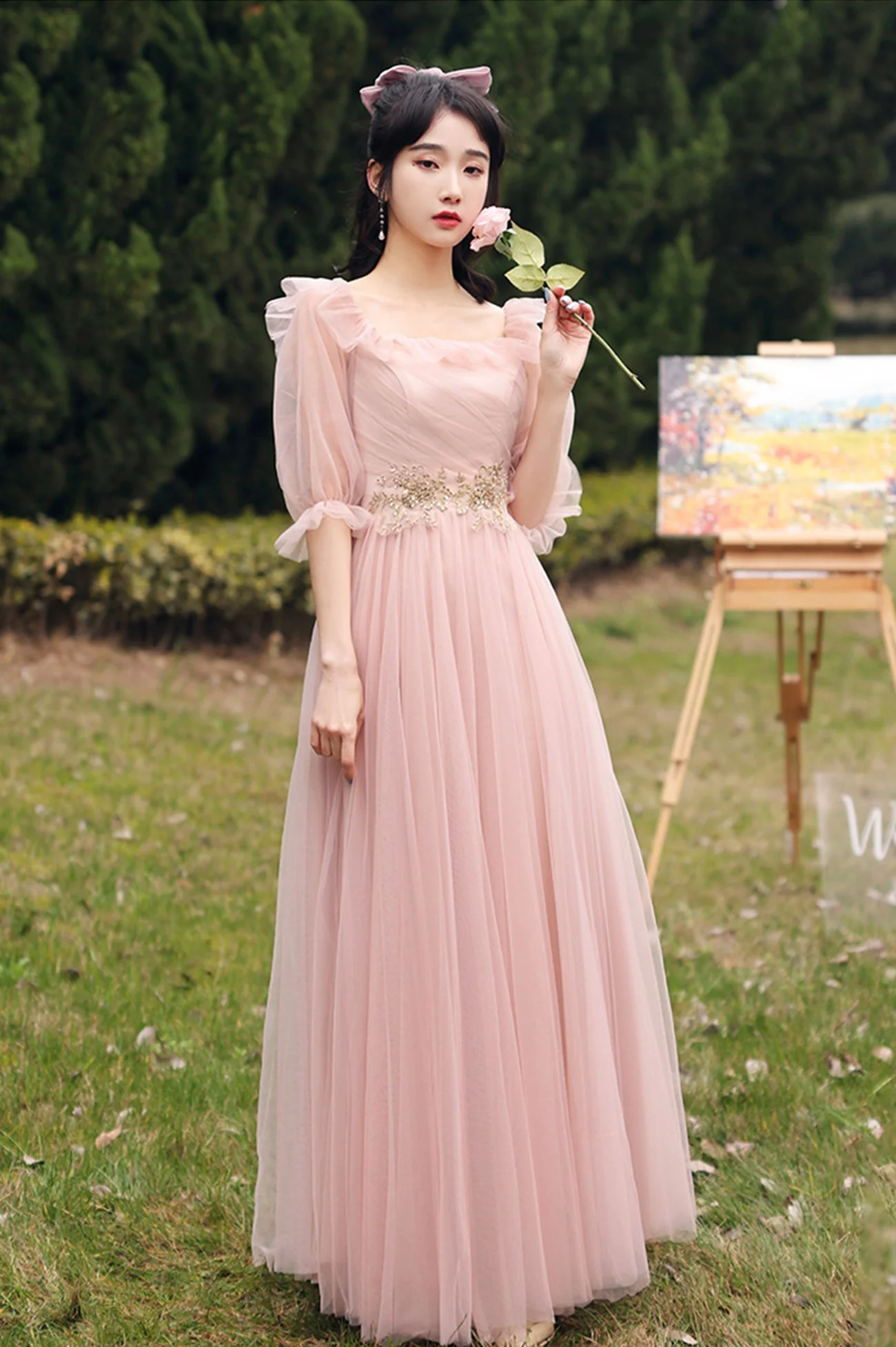 solvbao Pink Lace Long Prom Dresses, Lovely A-Line Evening Dresses - Deanwangkt