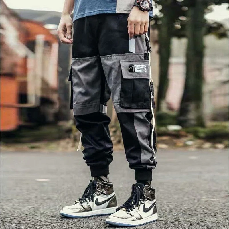 DEANWANGKT Mens Vintage Hip Hop Style Baggy Jeans Joggers Cargo Pants For Men Casual Hip Hop Hit Color Pocket Male Trousers Sweatpants Streetwear Ribbons Techwear Pants - Deanwangkt