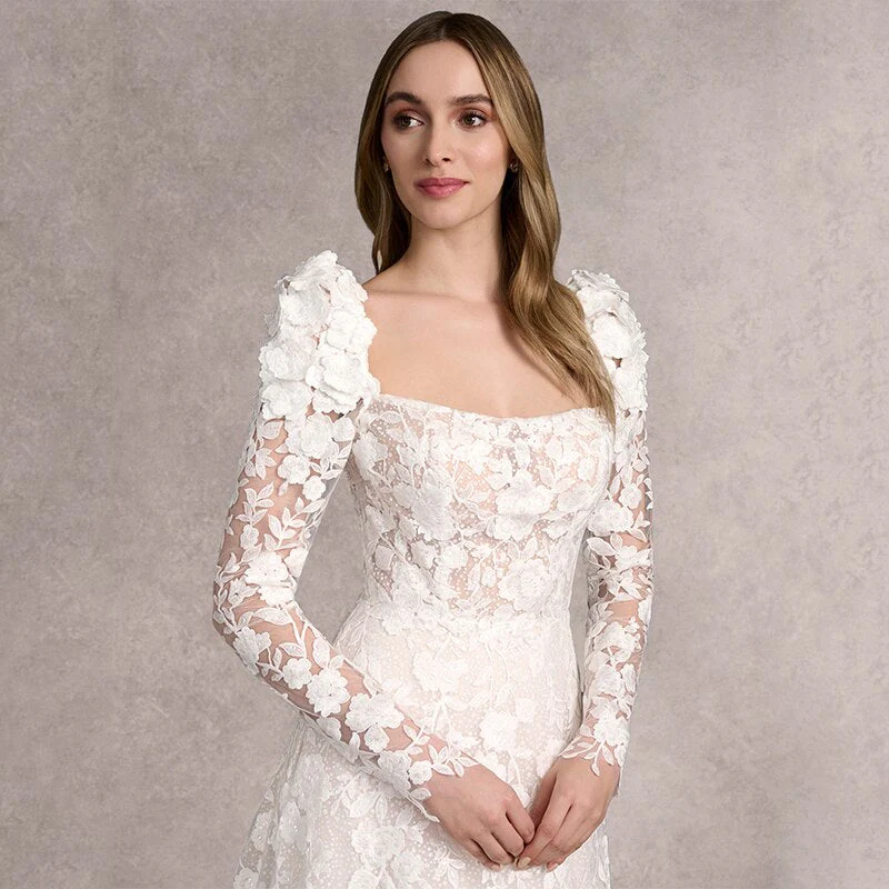 deanwangkt  Long Sleeve Lace Wedding Dresses with Pocket Appliques Bridal Gown Customize Garden Brautkleider Bride Vestidos De Novia - Deanwangkt