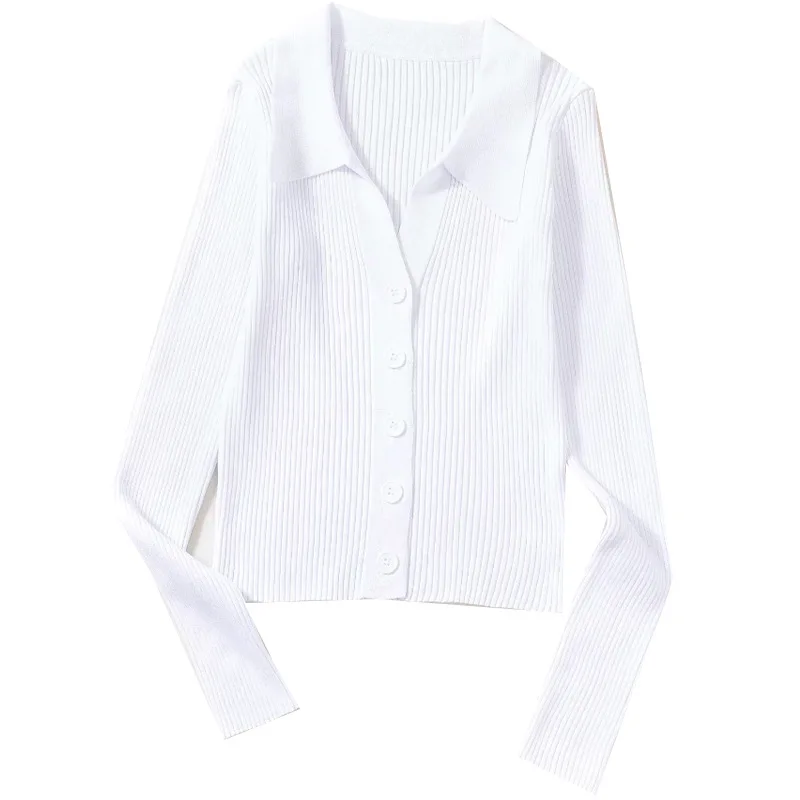 deanwangkt Ladies Buttons Sexy V Neck Long Sleeve POLO Neck Knit Cardigan Sweater Women Lapel Slim Tops - Deanwangkt