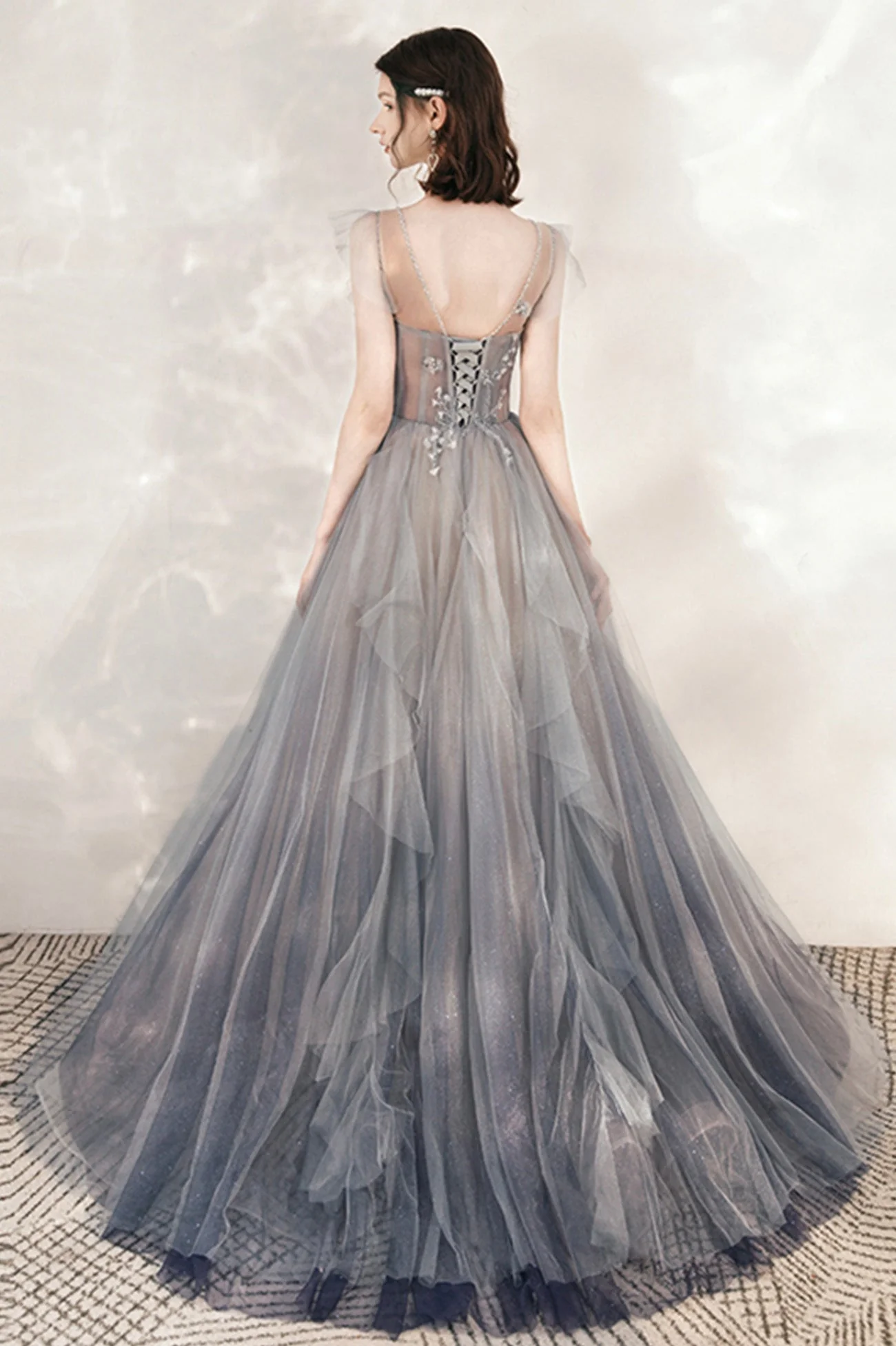 solvbao Gray Tulle Beading Long Prom Dresses, A-Line Scoop Neckline Evening Dresses - Deanwangkt