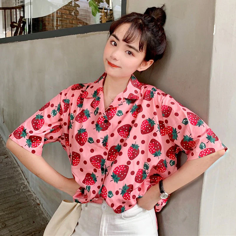 deanwangkt New Women Blouses Holiday Casual Short Sleeve Tops Ladies Strawberry Printed Shirt Korean Summer Fashion Women Clothing - Deanwangkt