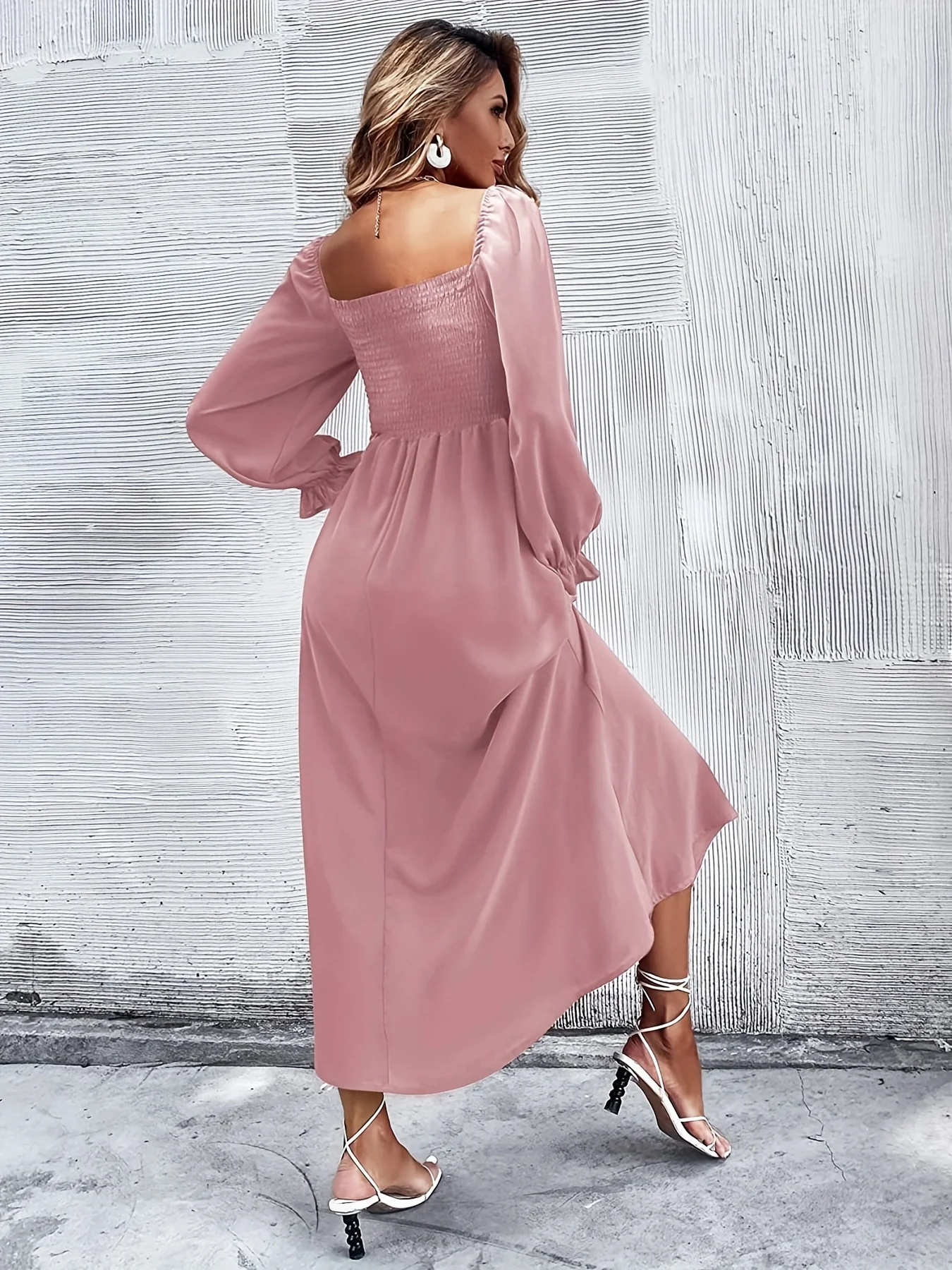 deanwangkt-1  Solid Squared Neck Dress, Casual Long Sleeve Ruffle Trim Shirred Maxi Dress, Women's Clothing - Deanwangkt