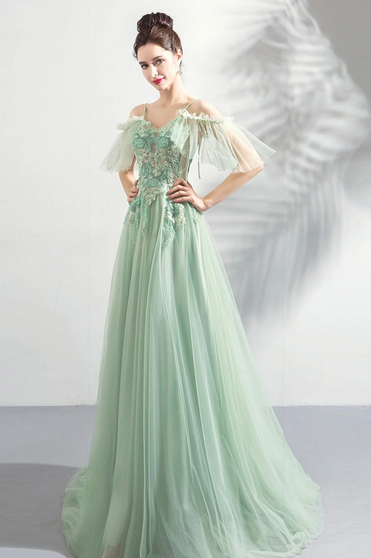 solvbao Green Lace Floor Length Prom Dresses, A-Line Off the Shoulder Evening Dresses - Deanwangkt
