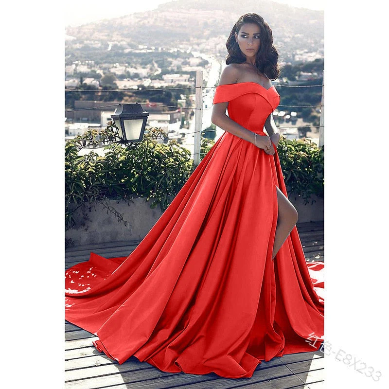 Fashion Elegant Boat Neck Evening Dresses for Women Party Classy Night Lady Sexy Off The Shoulder Slit Ball Gown Prom Vestidos - Deanwangkt