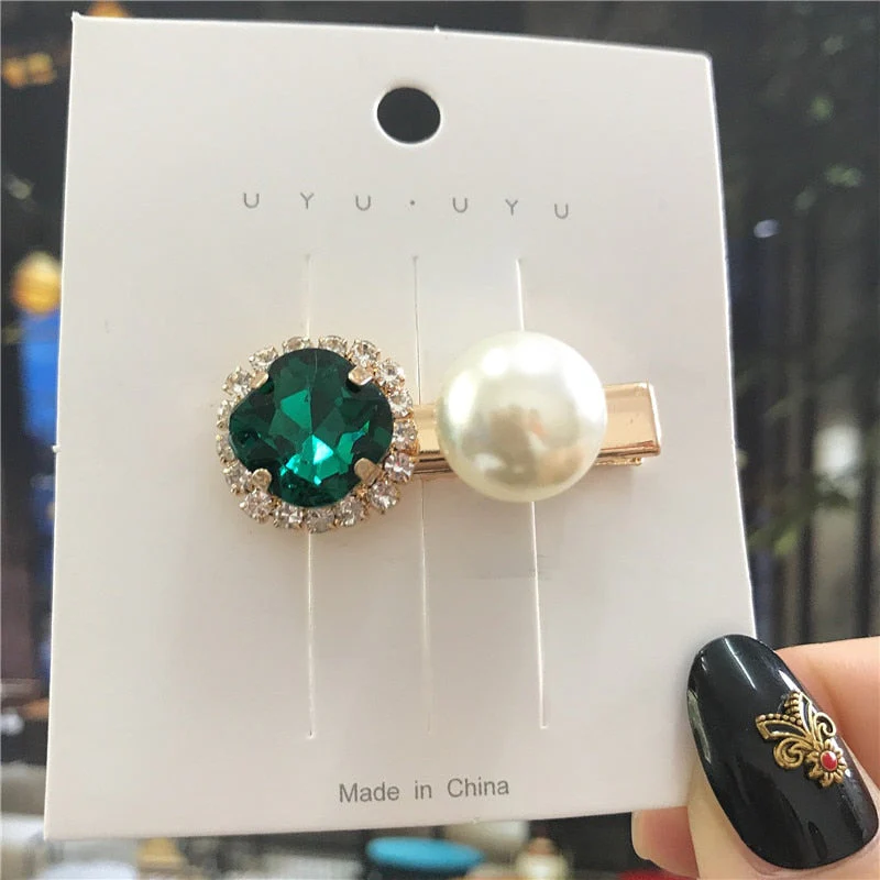 deanwangkt  New Green Crystal Hair Clip Hairpins for Women Fashion Simulated Pearl Hair Accessories Set Luxury Wedding Female Ornaments - Deanwangkt