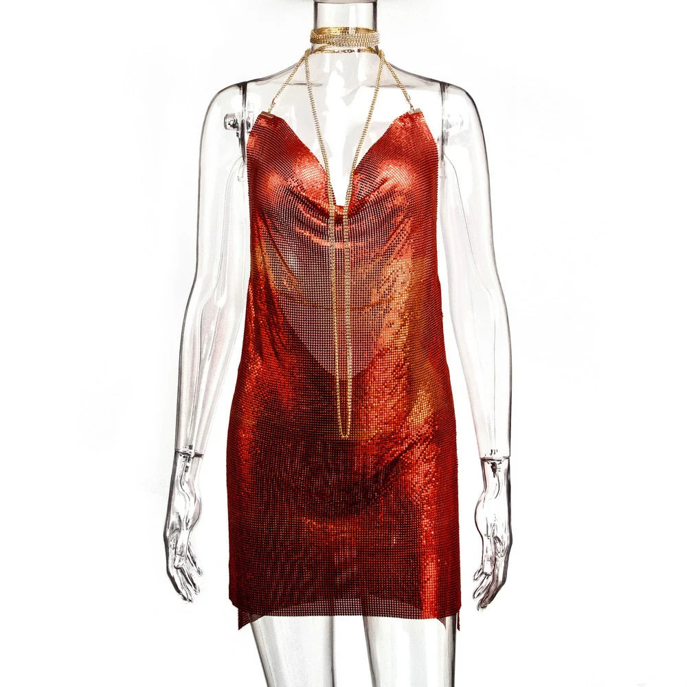 SRUBY Sexy Backless Metal Party Summer Dress Women Beach Night club Mini slip dress Glitter Sequin ladies Dresses  Christmas - Deanwangkt