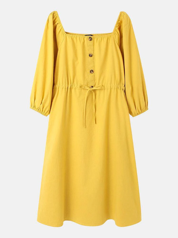 deanwangkt Women Cotton Square Collar Drawstring Waist Elegant Midi Dress with Side Pockets - Deanwangkt