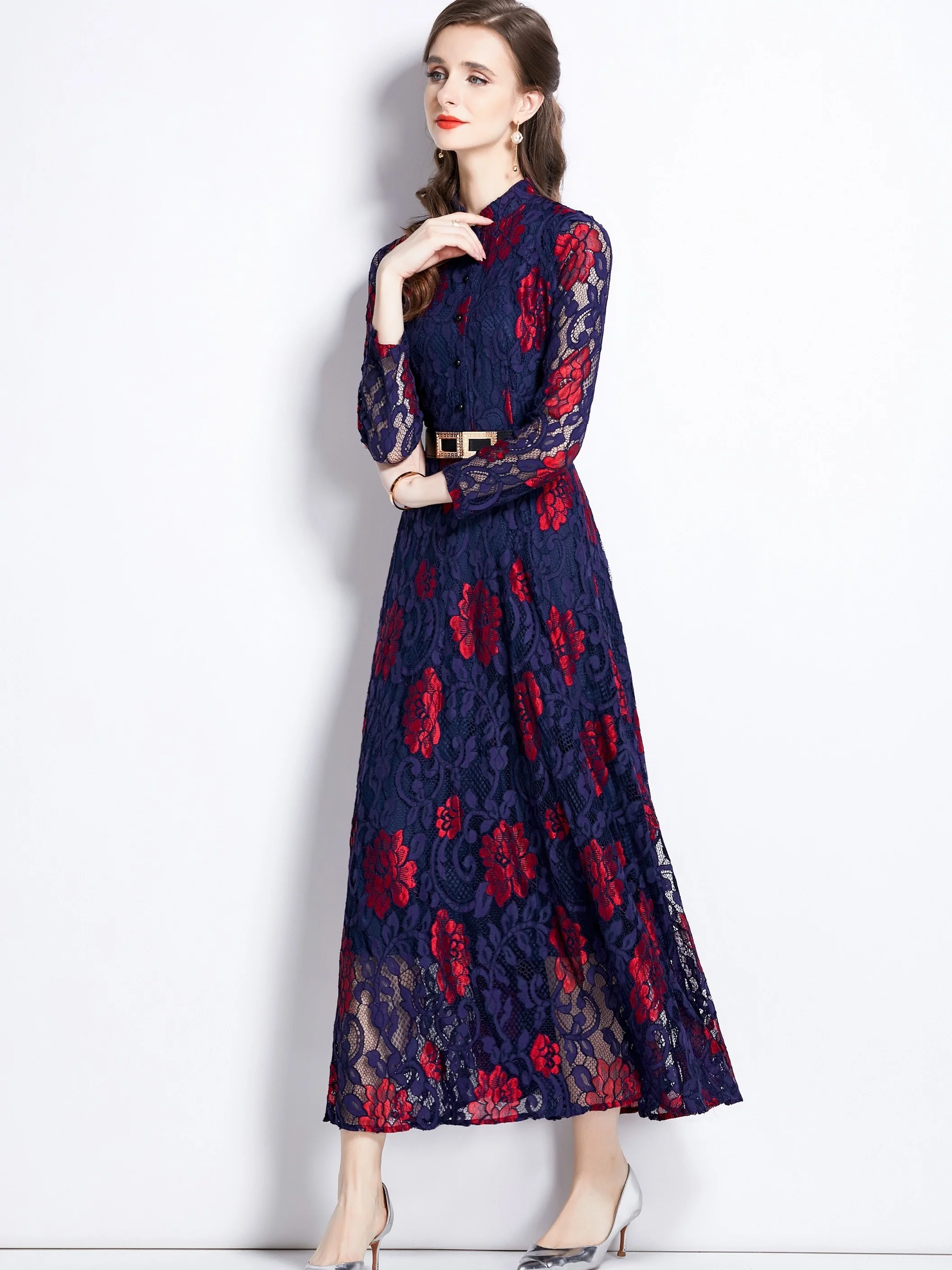 Floral Print Contrast Lace Dress, Elegant Button Front Party Maxi Dress, Women's Clothing - Deanwangkt