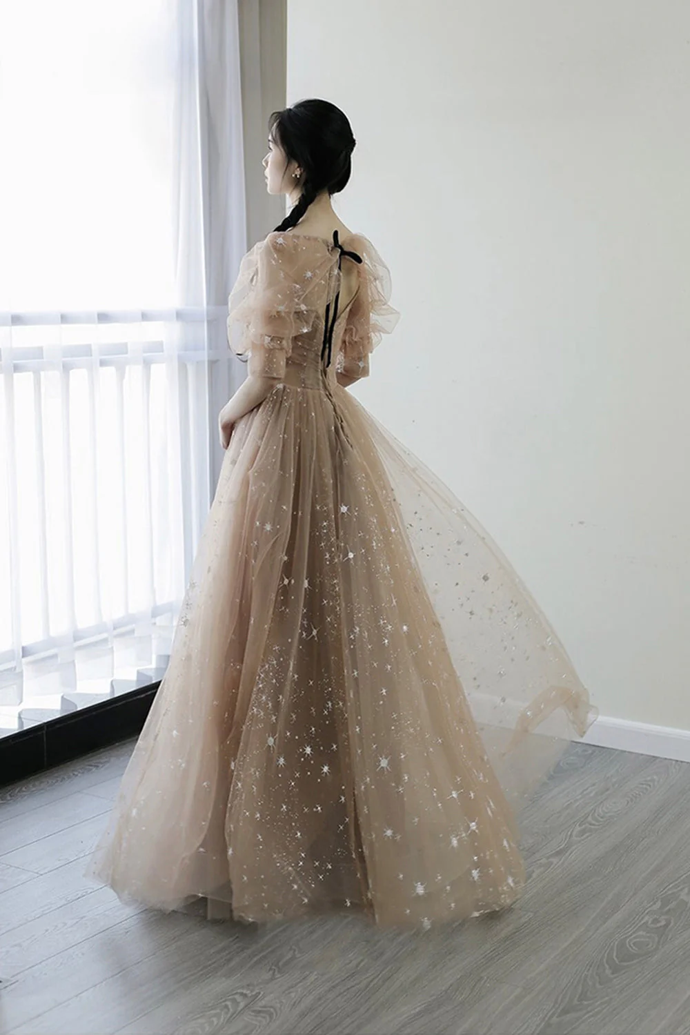 solvbao Champagne Tulle Long Prom Dresses, A-Line 1/2 Sleeve Evening Dresses - Deanwangkt
