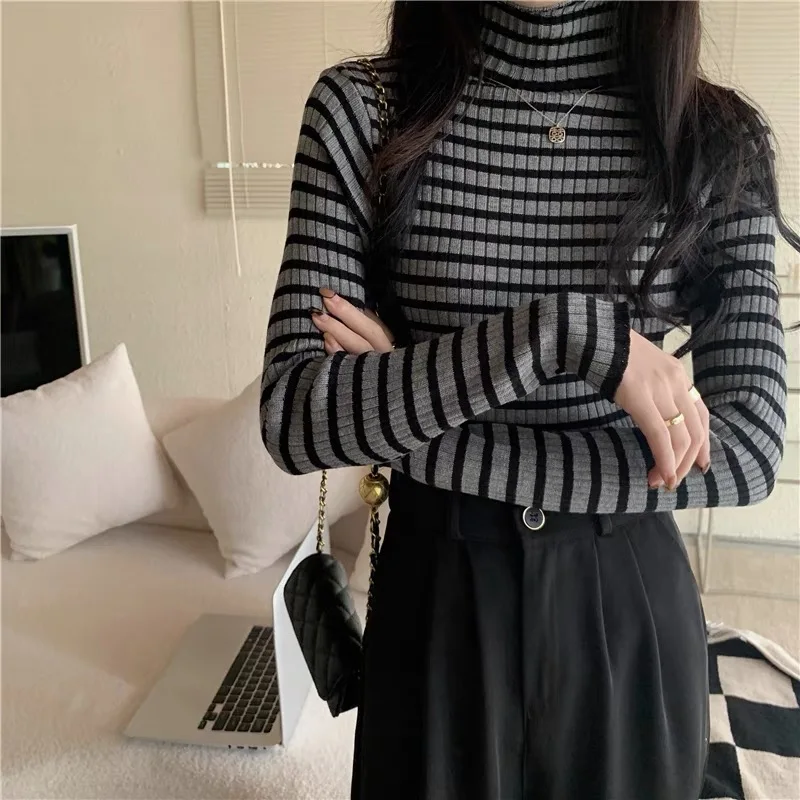 deanwangkt New Black Striped Sweater Women Knitted Pullover Autumn Long Sleeve Turtleneck Knitwear Korean Bottoming Shirt Stretch Jumpers - Deanwangkt