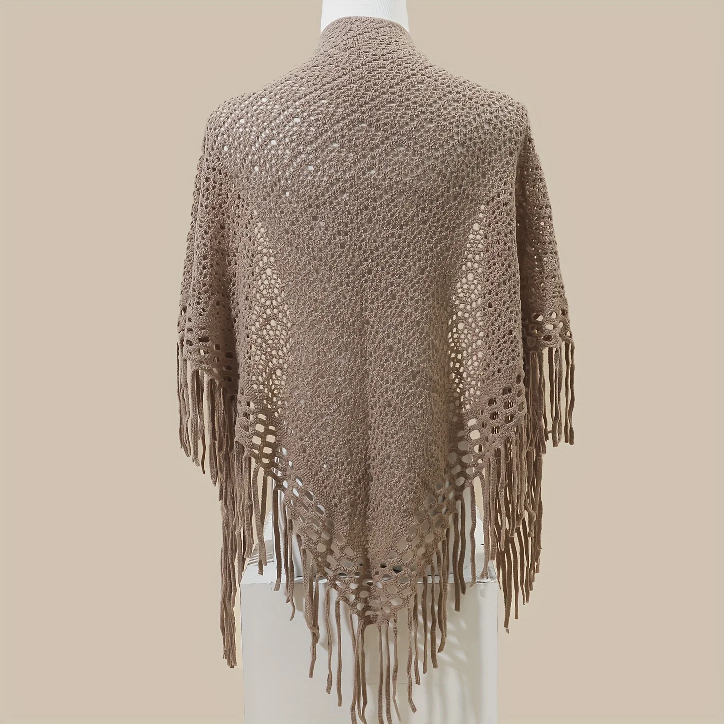 deanwangkt Elegant Knitted Triangle Scarf Solid Color Hollow Out Tassel Shawl Autumn Winter Outerwear Cardigan Large Cape - Deanwangkt