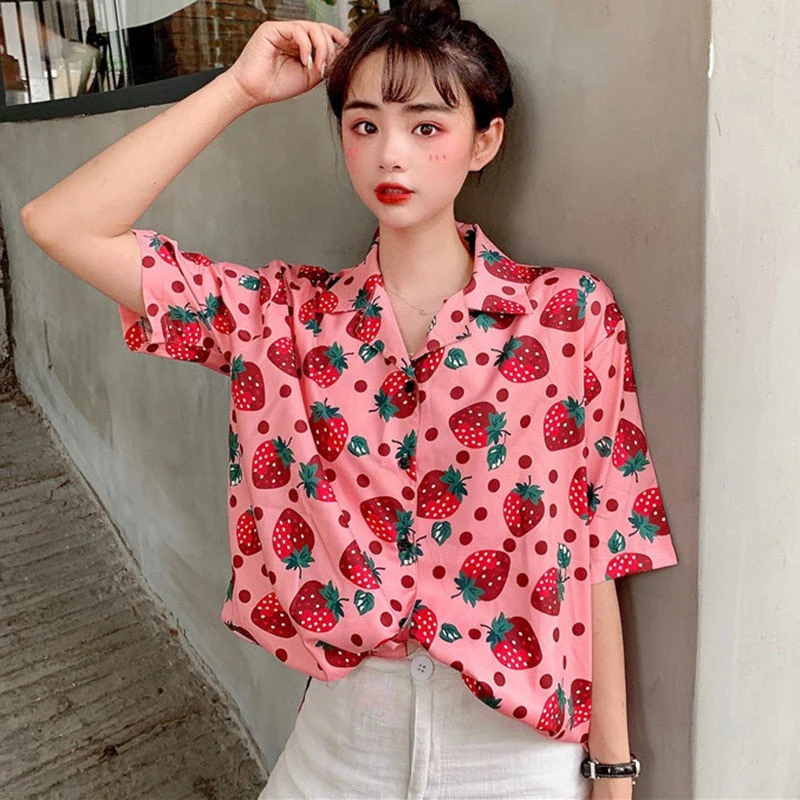 deanwangkt New Women Blouses Holiday Casual Short Sleeve Tops Ladies Strawberry Printed Shirt Korean Summer Fashion Women Clothing - Deanwangkt