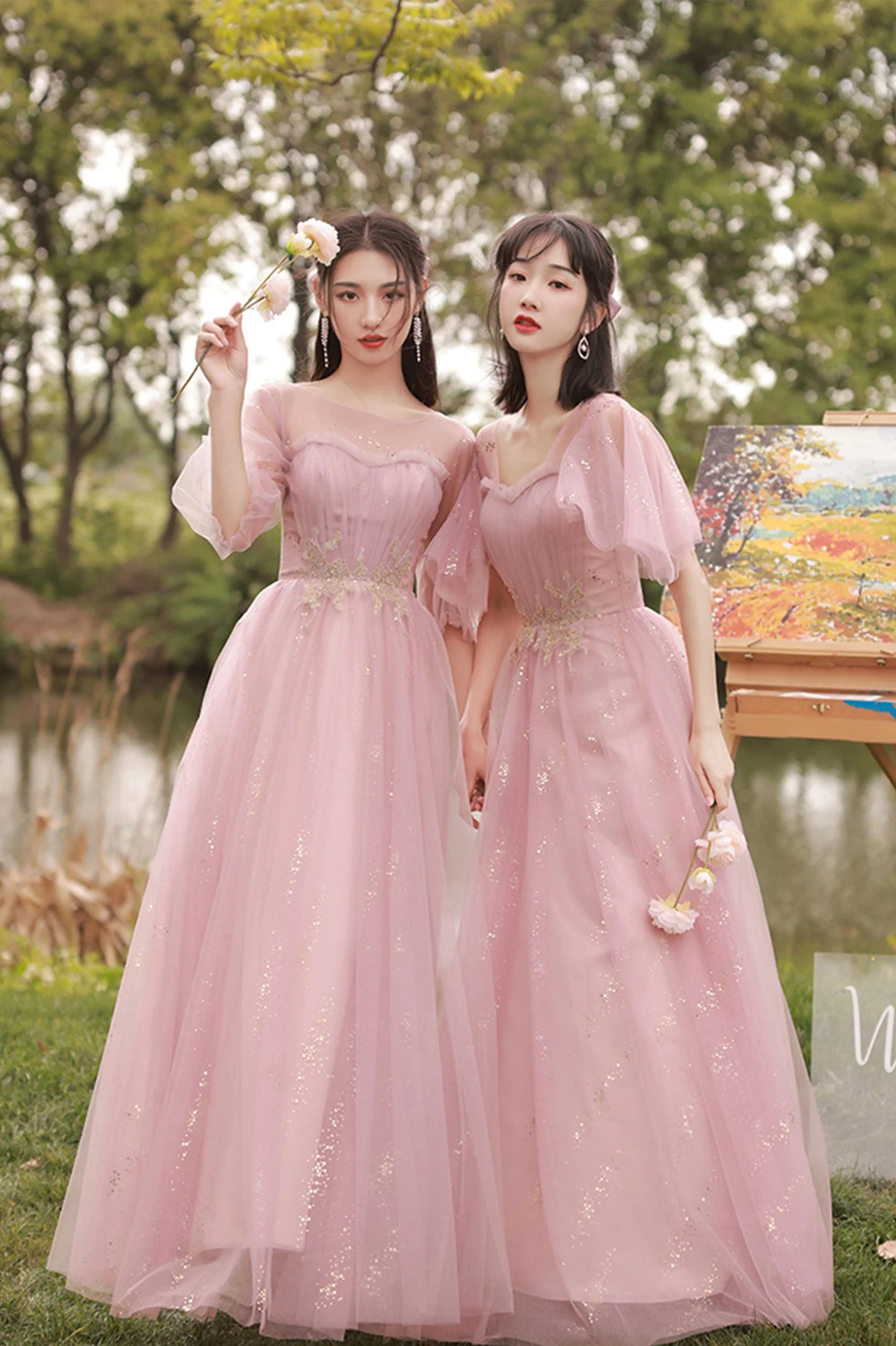 solvbao Pink Tulle Long Prom Dresses, A-Line Bridesmaid Dresses - Deanwangkt