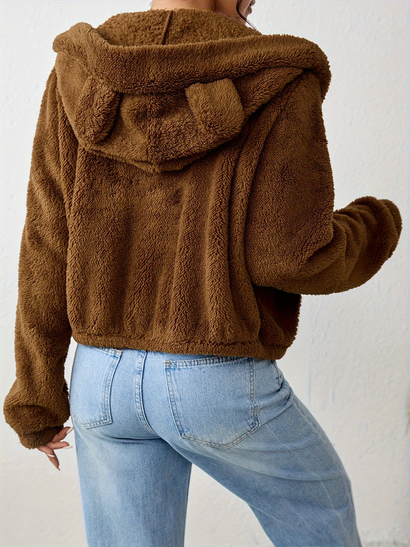 Bear Ears Hooded Fall & Winter Jacket, Elegant Solid Zip Up Long Sleeve Outerwear, Women's Clothing - Deanwangkt