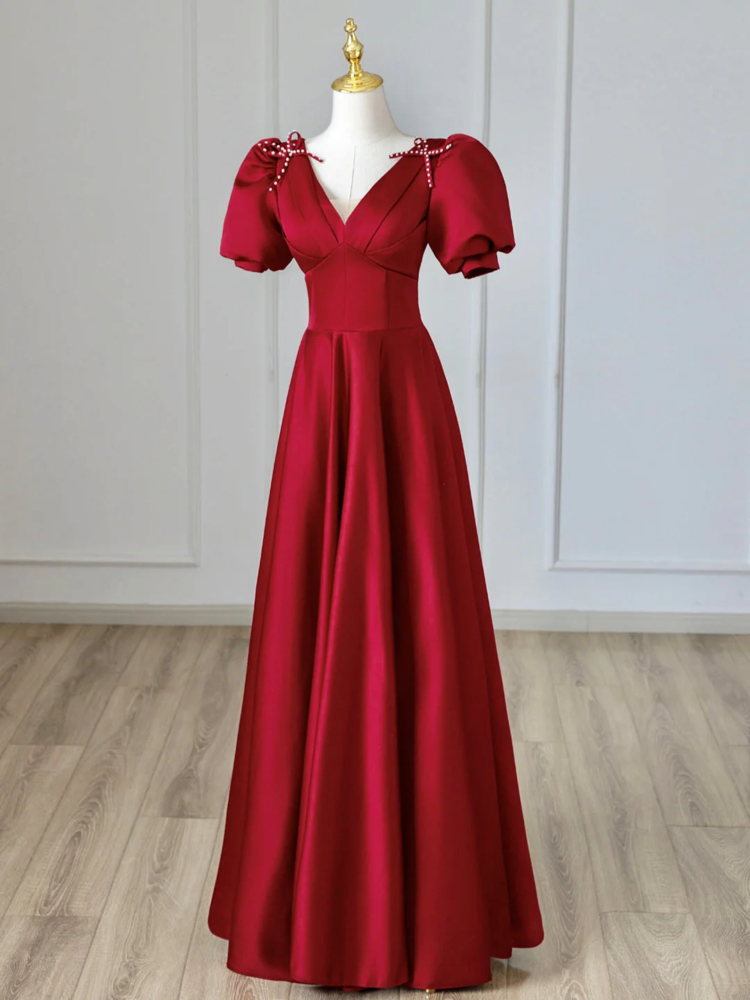 solvbao Burgundy V-Neck Satin Long Prom Dress, Burgundy Formal Evening Dress - Deanwangkt