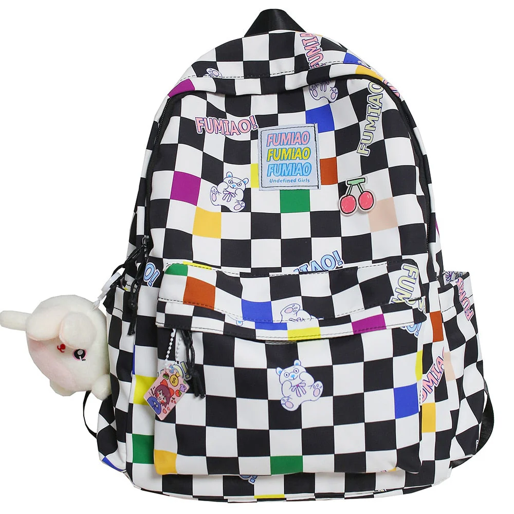 Fashion New Lady Lattice Travel Cartoon Bag Female Plaid Cute College Backpack Trendy Women Bag Girl Cool Kawaii Laptop Backpack - Deanwangkt