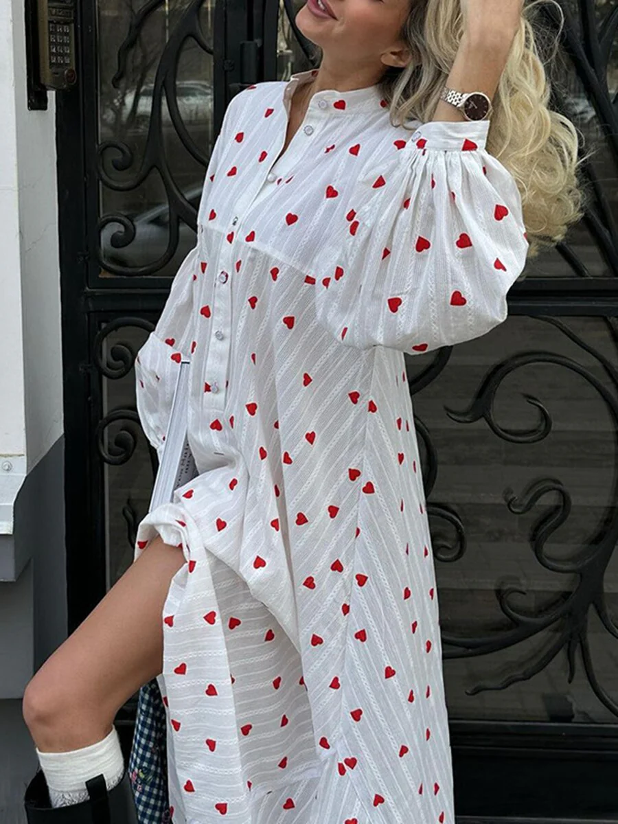 Joskka Casual Love Printing Stitching Dress Casual Street Dress Drape Button Ladies Elegant Loose Dress  New Fall Dress - Deanwangkt
