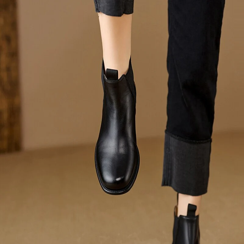deanwangkt Autumn Shoes    Autumn Women Boots Genuine Leather Boots Women Round Toe Chunky Heel Boots Winter NEW Short Boots Retro Leather Shoes for Women - Deanwangkt