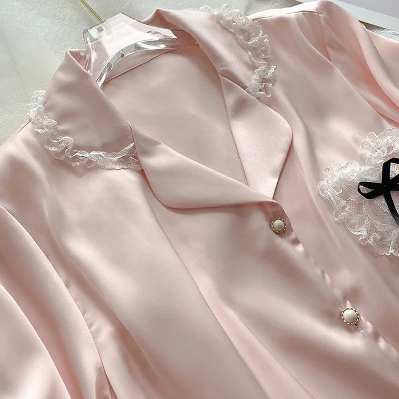 New 2 Piece Women Set Summer Short Sleeve Pajamas for Woman Fashion Silk Sleepwear Pink Lace Pocket Sexy Satin Pajama Homewear - Deanwangkt
