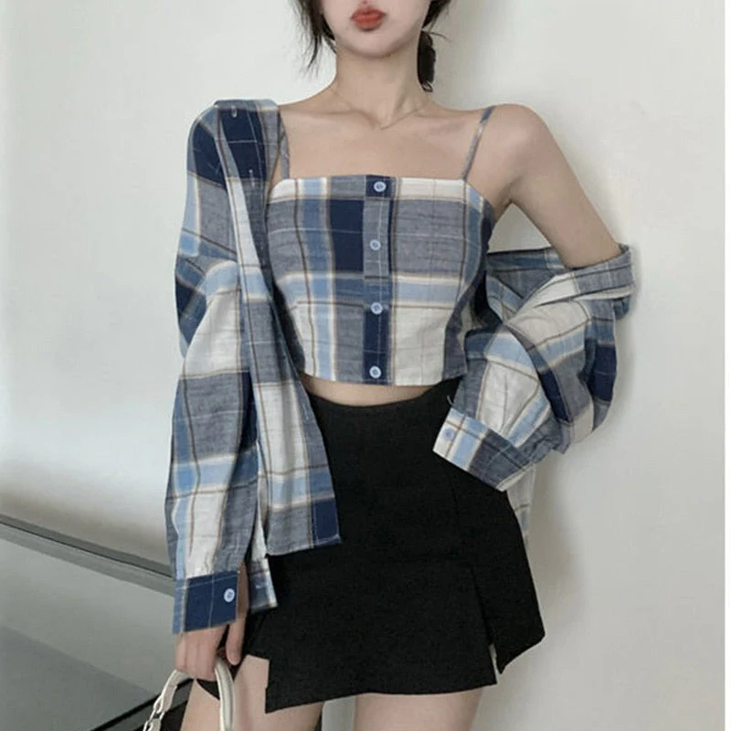 deanwangkt Spring Simplicity Plaid Turn-down Collar Long Sleeve Blouse Women Clothes Casual Buttons Slim Sling T-Shirt Two-piece Dress Tops - Deanwangkt