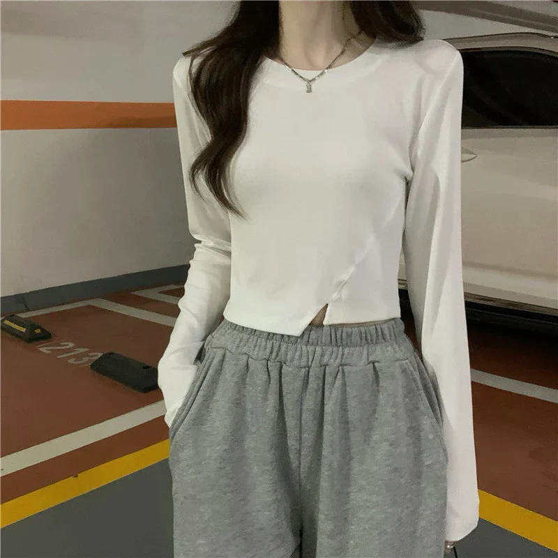 deanwangkt New Spring Fashion Y2K T-shirt Woman Vintage Long Sleeve Tee Shirt Femme Basic Solid Crop Top Women Solid Sexy Clothes Tshirt - Deanwangkt