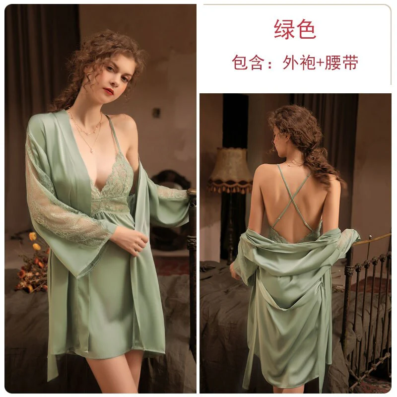 deanwangkt 3 Piece Lingerie Set with Robe Satin Pajamas Dress Cardigan Long Sleeve Top Sexy Sleepwear Bath Female Adult Nightwear Nightgown - Deanwangkt
