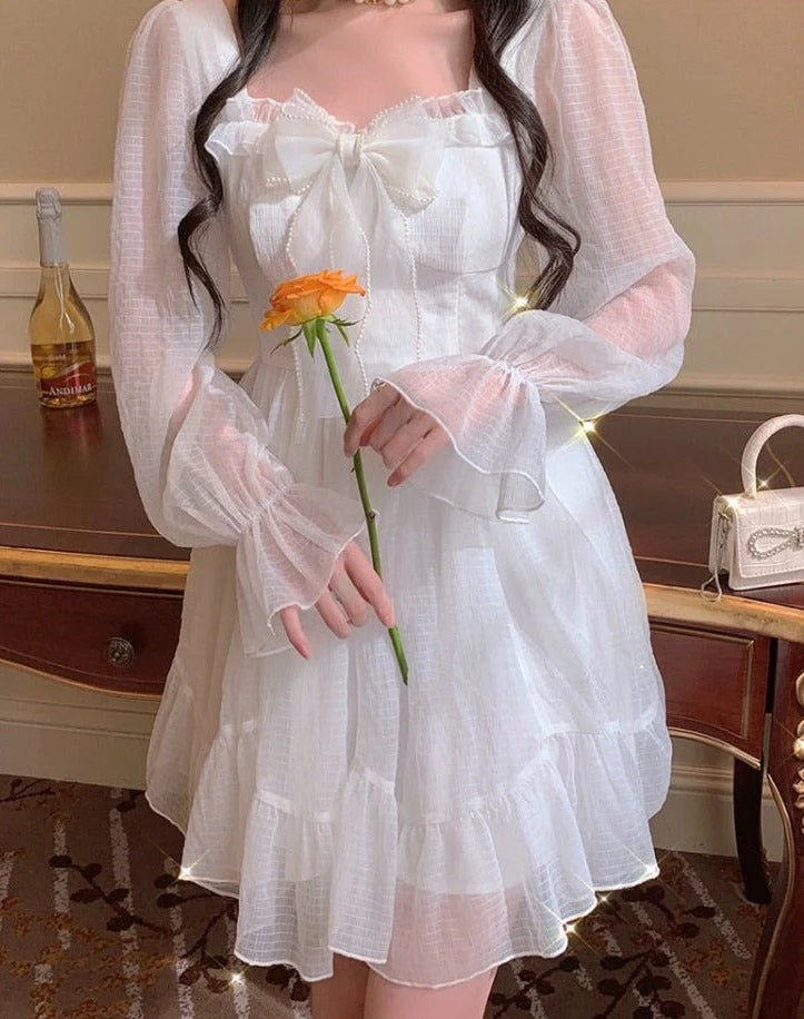 deanwangkt French Sweet Fairy Lolita Dress Women Long Sleeve Lace Y2k Mini Dress Vintage Kawaii Clothes One Piece Dress Korean  Autumn - Deanwangkt