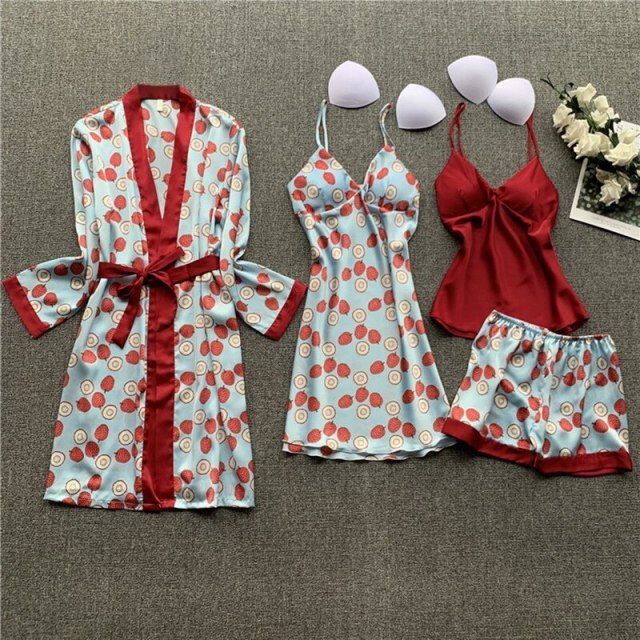 deanwangkt 4 Pieces  Women Pajamas Sets Satin Sleepwear Silk Nightwear Pyjama Soild Strap Lace Sleep Lounge Pijama With Chest Pads - Deanwangkt