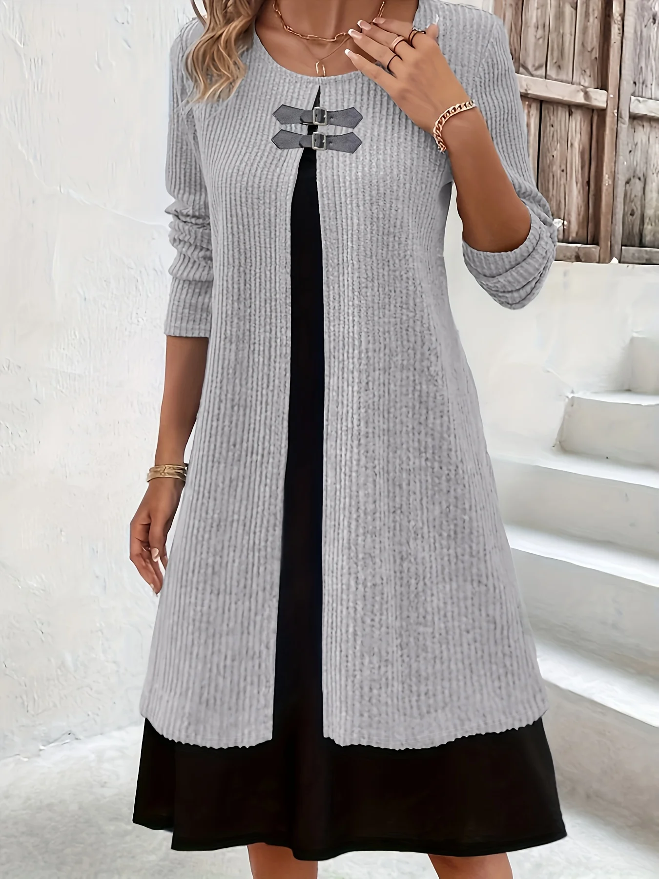 Color Block Layered Dress, Casual Long Sleeve Midi Dress, Women's Clothing - Deanwangkt