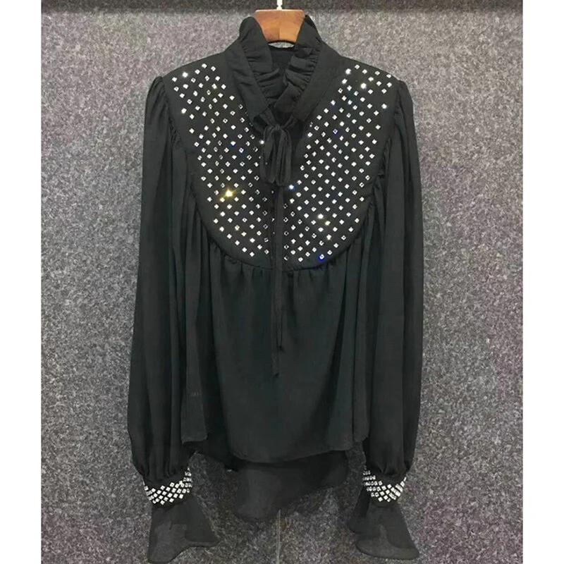 deanwangkt Patchwork Diamond Shirt For Women Stand Collar Long Sleeve Straight Button Through Blouse Female Fashion Clothing - Deanwangkt