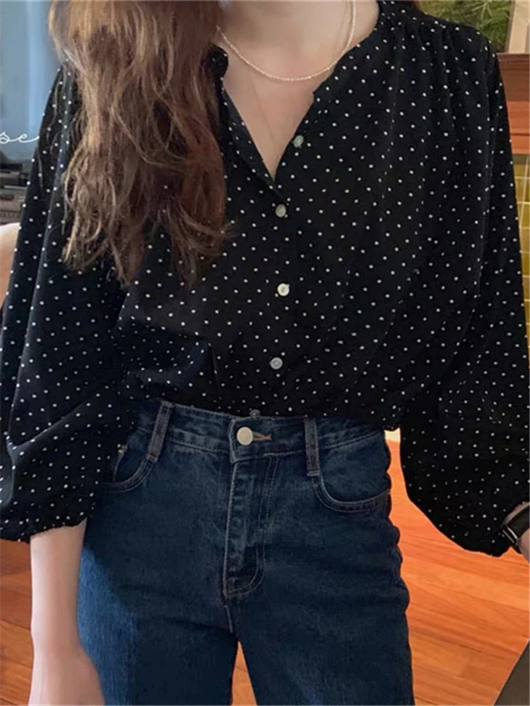 deanwangkt New Fashionable Elegant Office Lady Buttons Oversize Dot Korean Style Wild Spring Summer Women's Blouses Shirts Tops - Deanwangkt