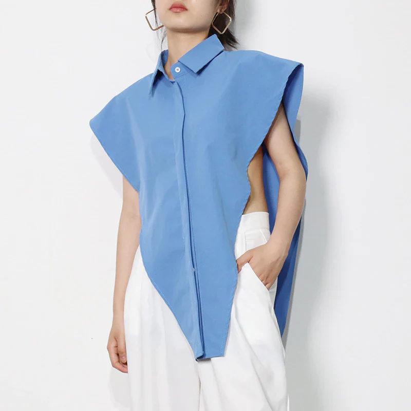 deanwangkt Casual Solid Shirt For Women Lapel Sleeveless Loose Minimalist Irregular Blouse Female Fashion New Clothing - Deanwangkt